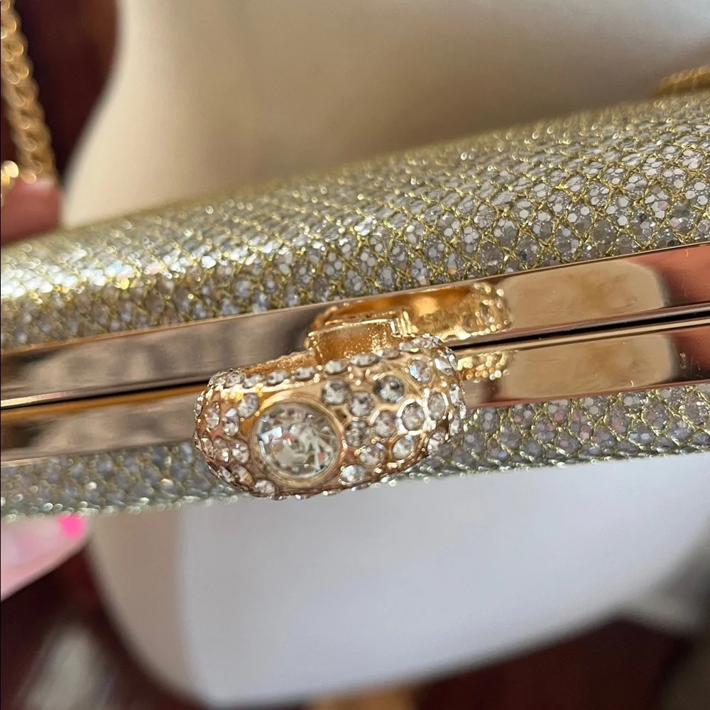 Starlet Gold & Sliver Clutch gold rhinestone ring clasp & Gold chain 8”LX4.5”H